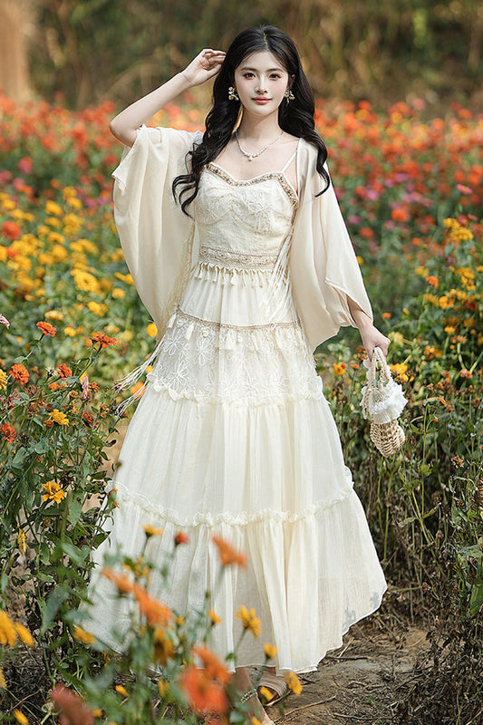 Apricot Bohemian Sleeveless Ruffle Embroidered Sweet Lolita Skirt Set