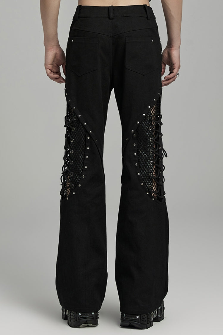 Gothic Flared Pants with Lace-Up Mesh Detailing