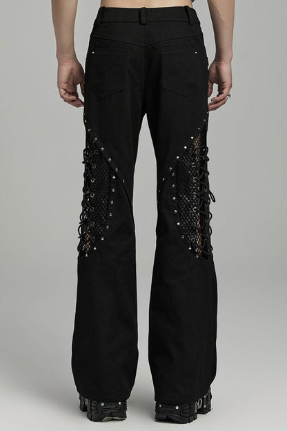 Gothic Flared Pants with Lace-Up Mesh Detailing