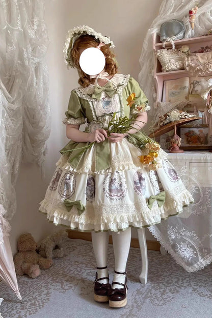 Emerald Little Ida's Flowers Short Sleeves Print Ruffle Bow Sweet Lolita Dress