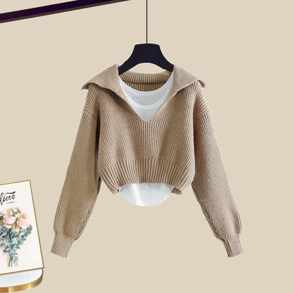 Knit Sweater Sailor Collar Denim Top Split Skirt Cami