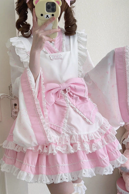 Pink White Double-Layer Ruffle Bow Maid Sweet Lolita Skirt Set