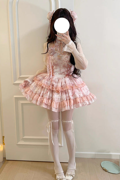 Peach Moon Bamboo Halterneck Print Ruffle Dress - Chinese Lolita Style