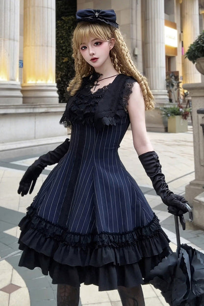 Double-Layered Striped Printed Gothic Jumper Dress with Jacquard Ruffles - Escape