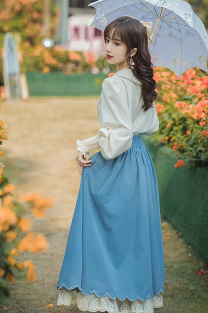Blue Lapel Collar Long Sleeves High Waist Lace-Up Wave Hem Classic Lolita Two-Piece Set