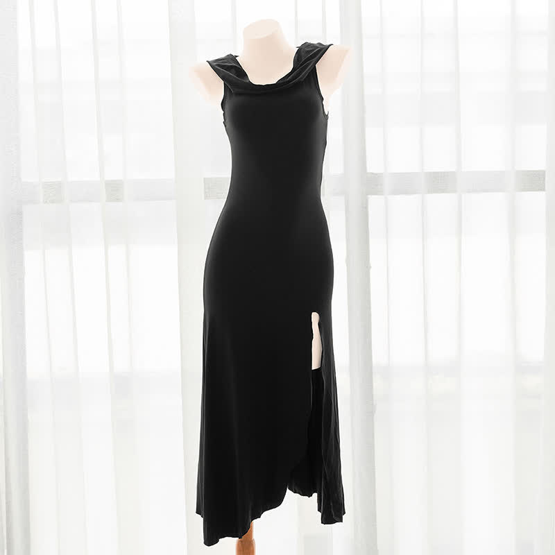 Black Witch Sleeveless Hooded Split Dress