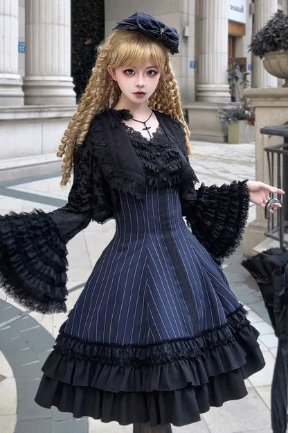 Double-Layered Striped Printed Gothic Jumper Dress with Jacquard Ruffles - Escape
