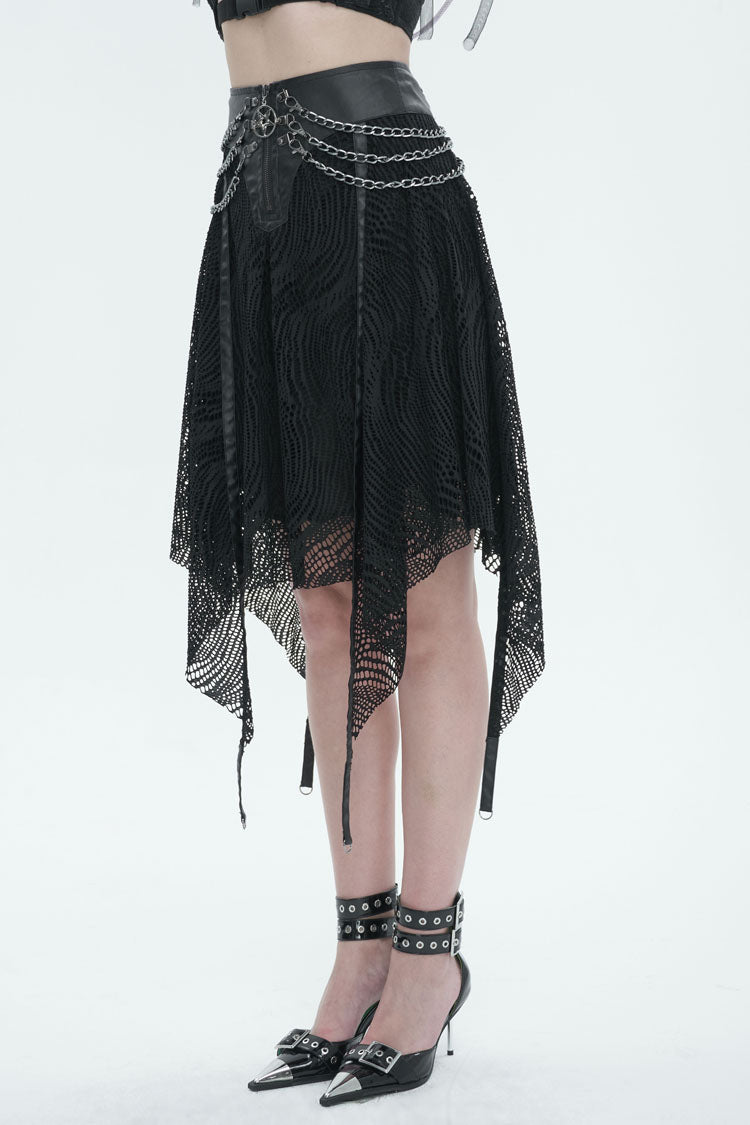 Half Hollow Knit Metal Chain Black Asymmetric Punk Skirt
