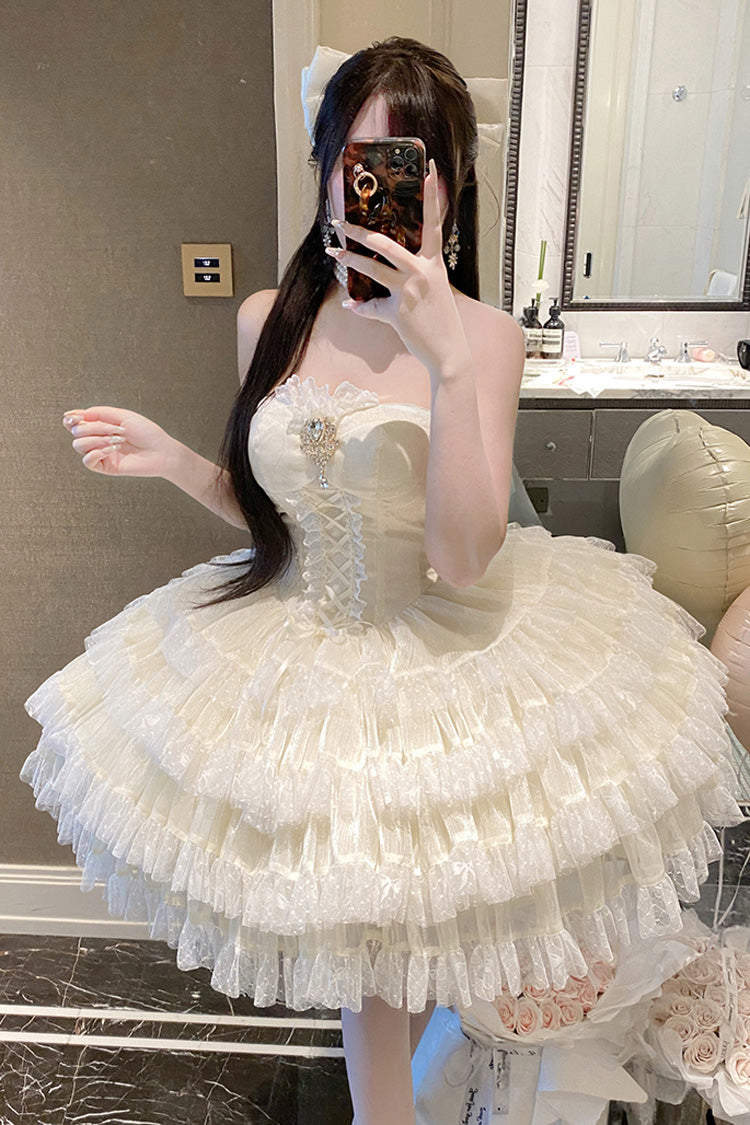 Heartbeat at First Sight Off-Shoulder Sleeveless Multi-Layered Ruffle Bowknot Lace Lace-Up Sweet Princess Gorgeous Lolita Dress in Beige