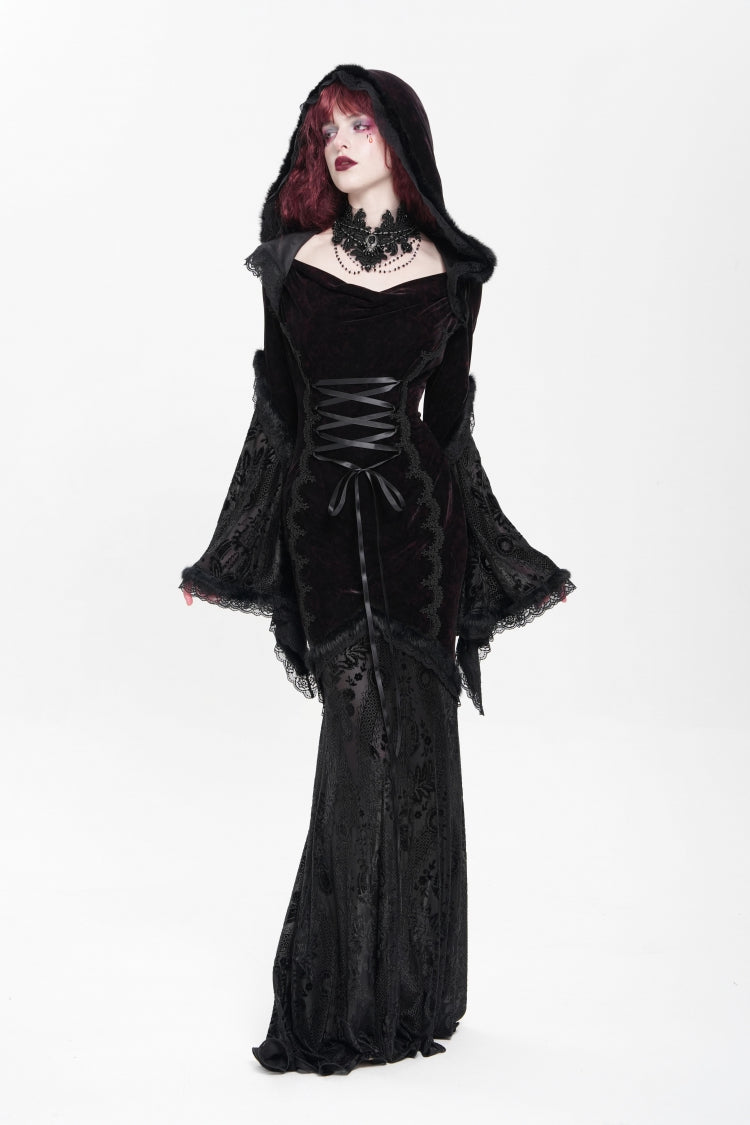 Trumpet Sleeve Embroidered Lace Hooded Mesh Gothic Dress