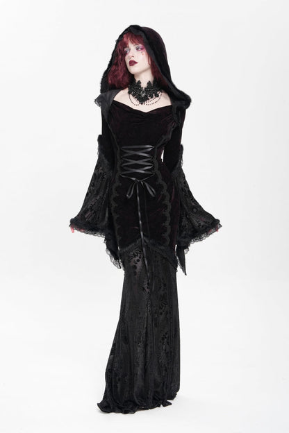 Trumpet Sleeve Embroidered Lace Hooded Mesh Gothic Dress