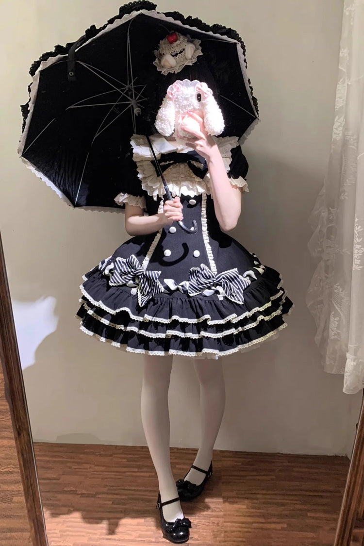 Ebony Striped Layered Short Sleeves Multi Ruffle Bow Sweet Princess Lolita Tiered Dress