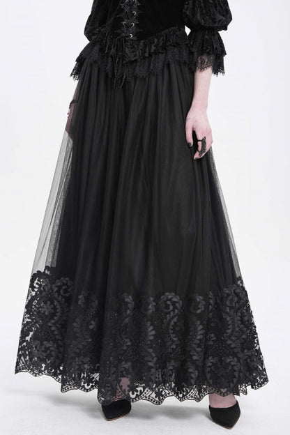 Women's Gothic Floral Mesh Skirt with Black Stitching