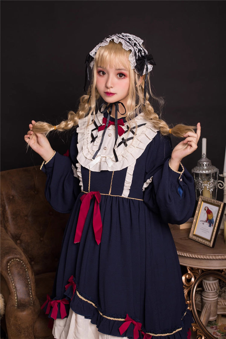 Blue Long Sleeves Ruffle Bow Daily Sweet Princess Lolita Dress
