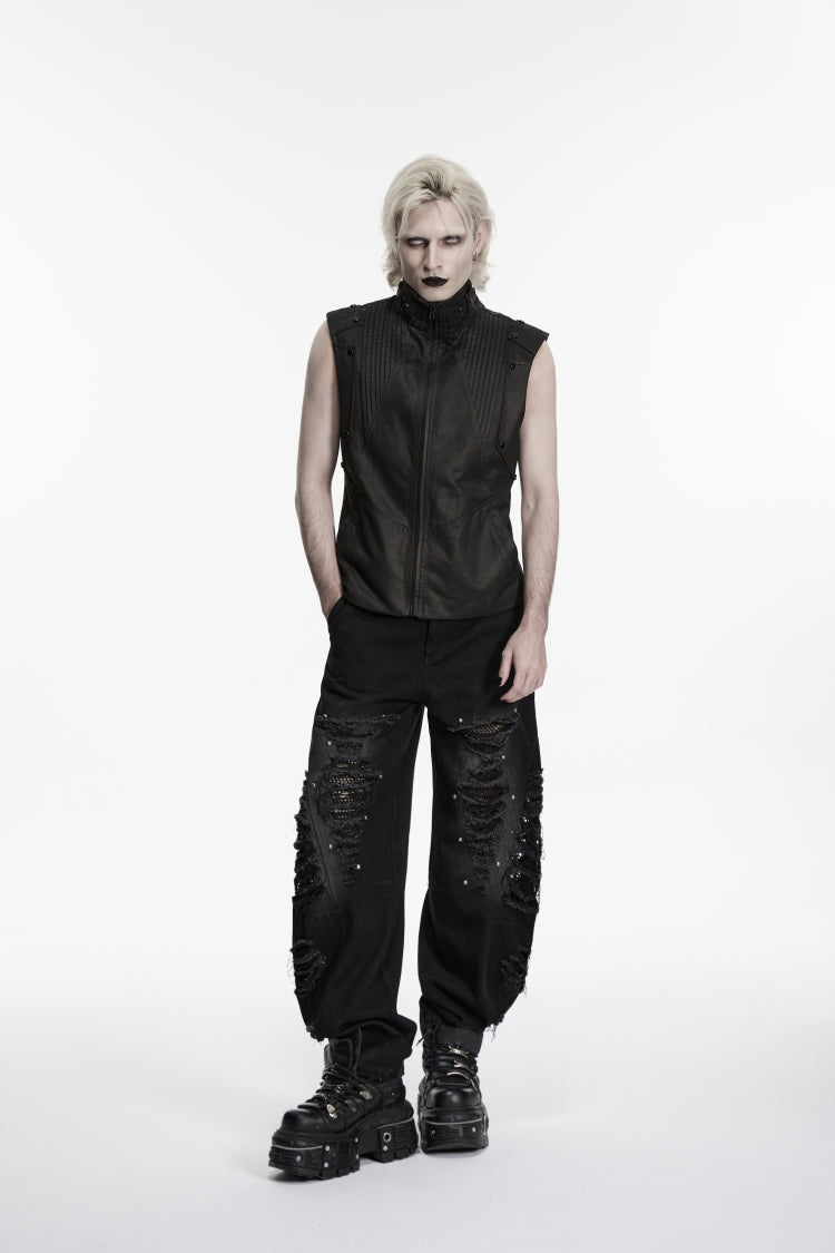 Ripped Studded Zippered Eyelet Mesh Black Punk Pants Men's