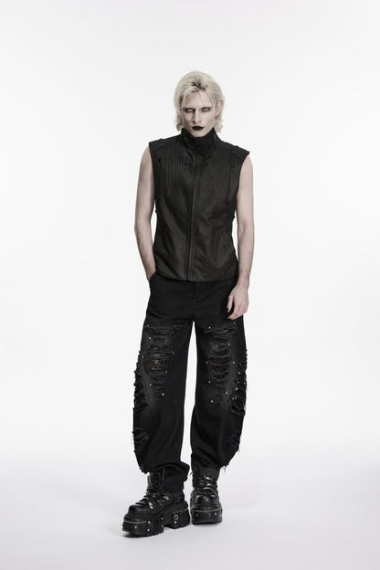 Ripped Studded Zippered Eyelet Mesh Black Punk Pants Men's