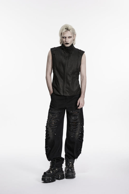 Ripped Studded Zippered Eyelet Mesh Black Punk Pants Men's