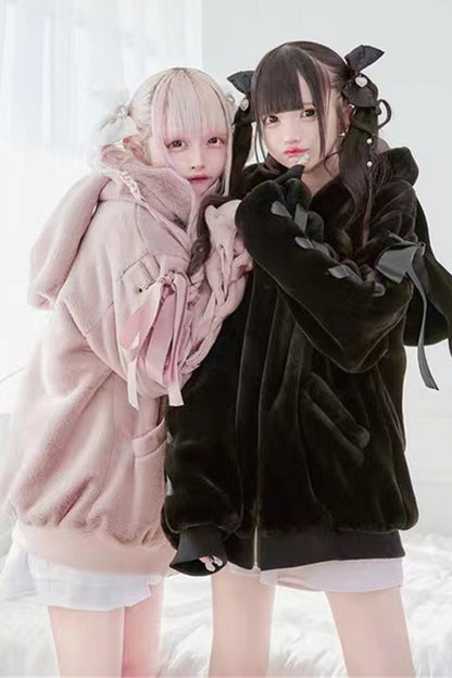 Pink Rabbit Ear Bow Lace-Up Hooded Coat