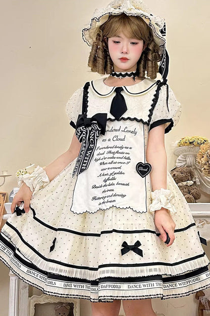 William Wordsworth's Lyric Poetry Doll-Collar Polka Dot Printed Lace Sweet Princess Lolita Dress in Beige