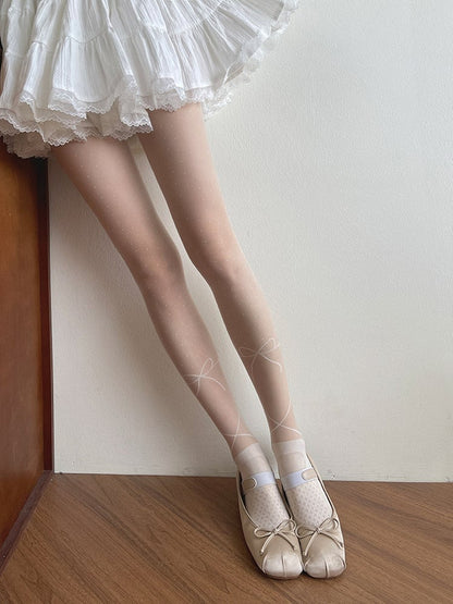 White Polka-dot Pattern Bowknot Print Lolita Tights