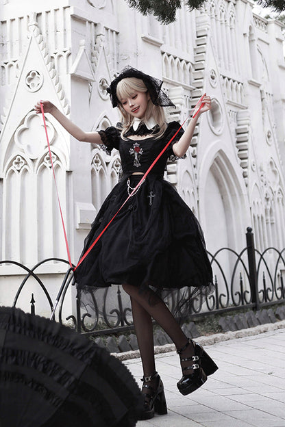 Black Rose Embroidered Gothic Lolita Dress Set with Cutout Top