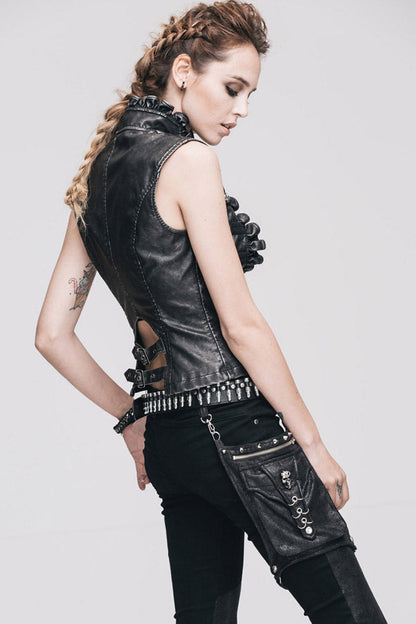 Wave Collar Punk Vest, Hand-Rubbed Leather, Silver Accents - Noir