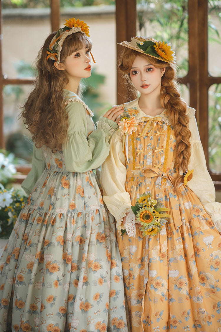 Golden Sleeveless Ruffled Bow Sunflower JSK Elegant Dress