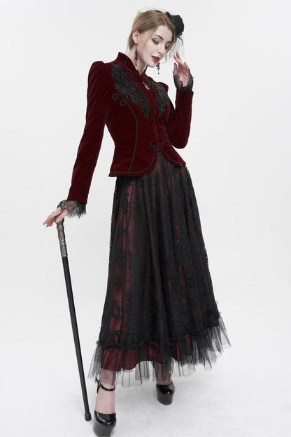 Crimson Mandarin Collar Velvet Chest Applique Pendant Zip Long Sleeve Goth Jacket