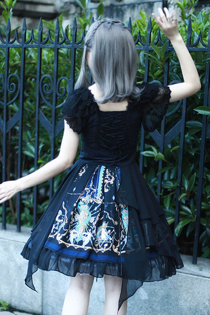 Black Gothic OP Dress Lolita Square Collar Lace Ruffled - Altfashion Shop