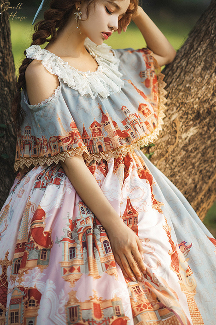 European Architecture Oil Painting Off-Shoulder Ribbon Lolita Dress