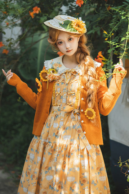 Golden Sleeveless Ruffled Bow Sunflower JSK Elegant Dress