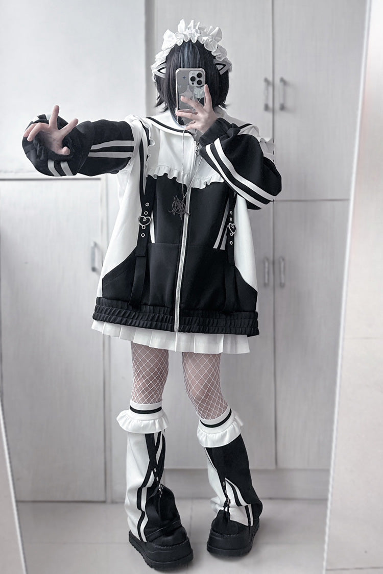 Ruffle Color Block Zipper Coat Three Shades