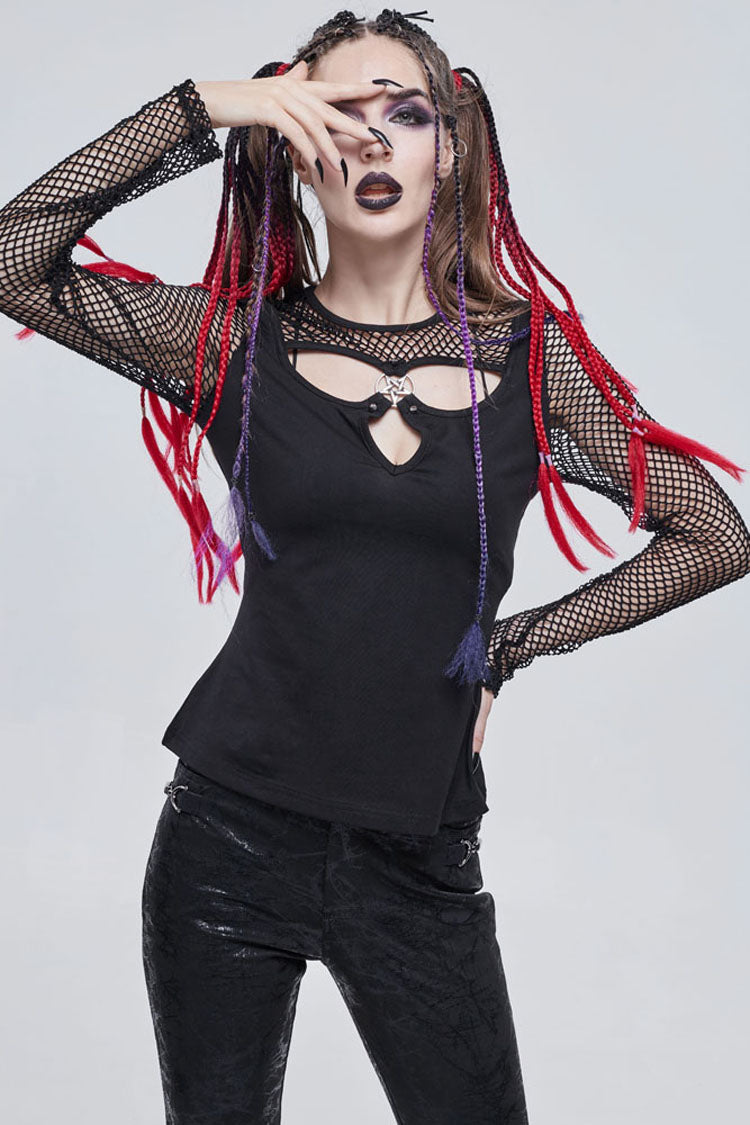 Occult Star Embroidered Deep V Mesh Knit Cotton Tee