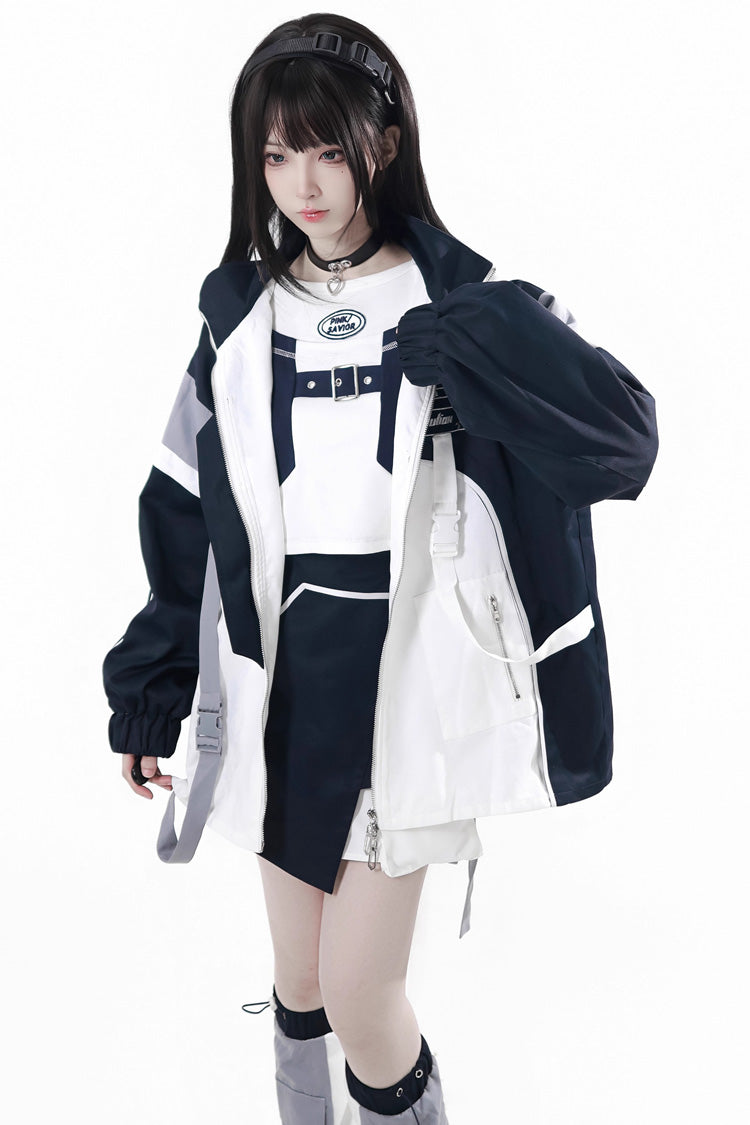 Blue White Techwear Embroidered Asymmetric Coat & Skirt Set