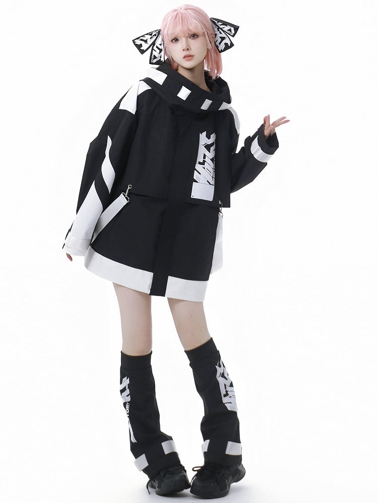 Black and White Jirai Kei Techwear Straps Hooded Windbreaker Jacket