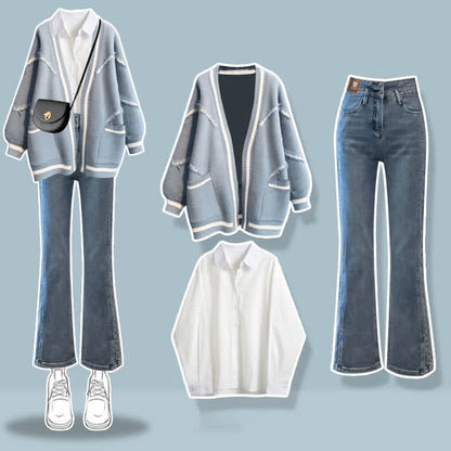 Denim Cardigan Sweater Lapel Shirt Pants Blue Letter Set
