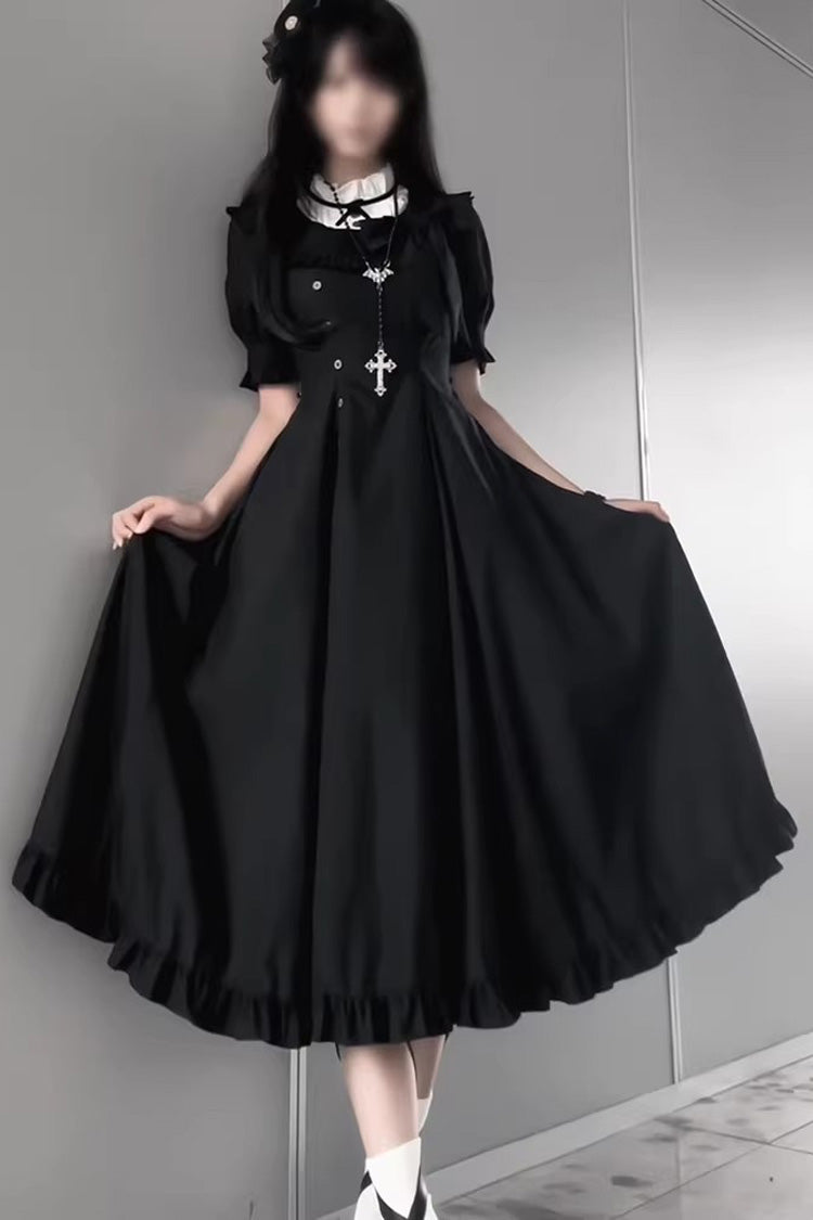 Black Elegant Gothic Lolita Dress with Stand Collar and Ruffled Short Sleeves