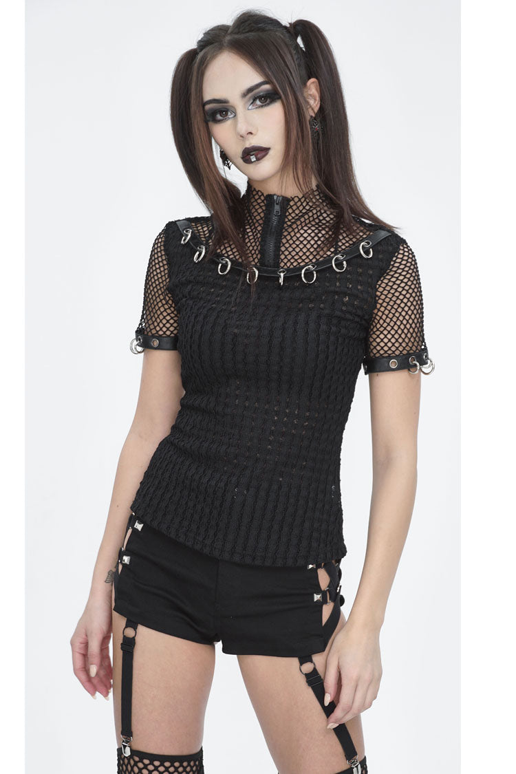 Punk Short-Sleeve Top with Mesh and Ring Embellishments