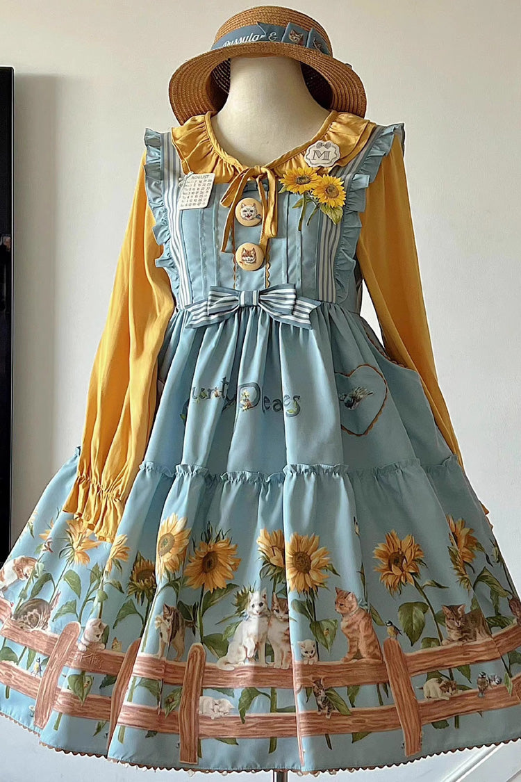 Sunflower-Print Bow-Adorned Sweet Lolita JSK Dress in Two Tones