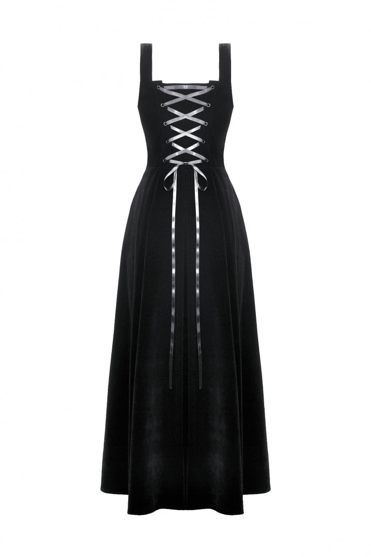 Gothic Women's Velvet Maxi Dress with Embroidered Horns and Lace-Up Back