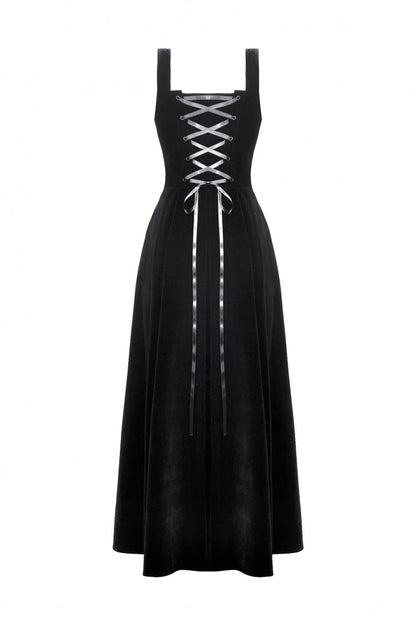Gothic Women's Velvet Maxi Dress with Embroidered Horns and Lace-Up Back