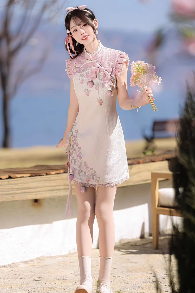 Lace Color-Blocked Chinese Style Sweet Dress - White/Pink Spring Strawberry