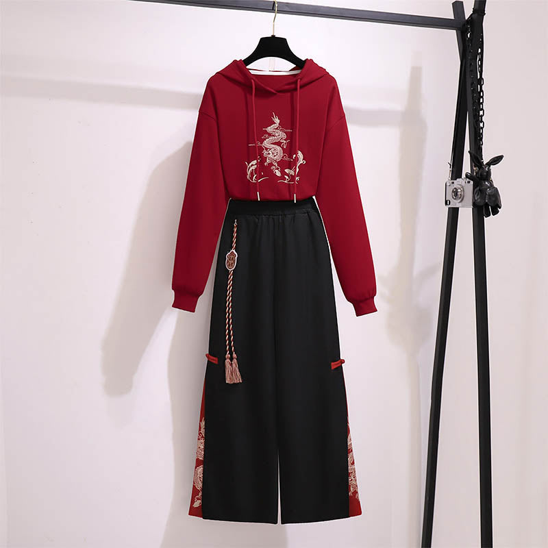 Red Vintage Dragon Hoodie Wide Leg Split Pants