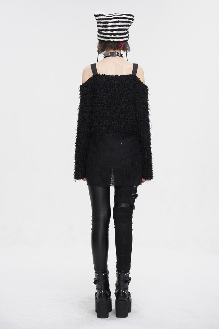 Off-Shoulder Fluffy Black Sweater Punk Women's Asymmetric Style