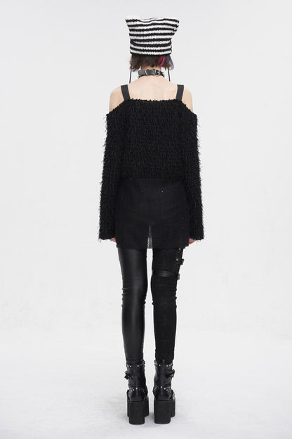 Off-Shoulder Fluffy Black Sweater Punk Women's Asymmetric Style