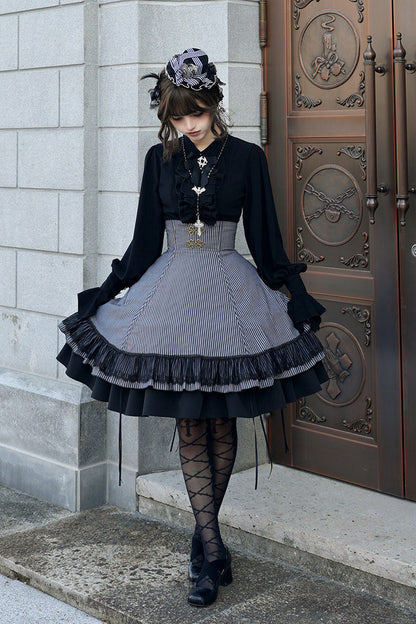 Black Point Manor Multi-Striped Print Ruffled Bow Hem Gothic Lolita Skirt