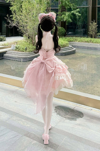 Pink Heart of Butterfly Halterneck Sleeveless Multi-Layer Ruffle Embroidery Princess Ballet JSK Dress Set