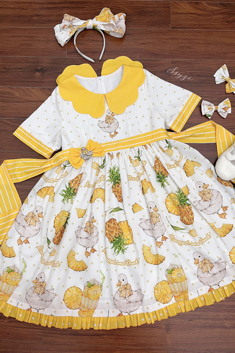 White and Yellow Short-Sleeved Duck Print Bow-Trim Sweet Lolita OP Dress