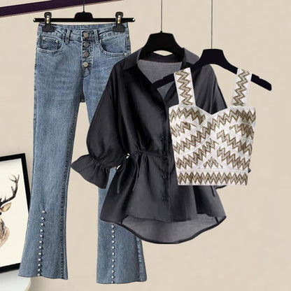 Tank Denim Flared Top Shirt Blue Drawstring Pants