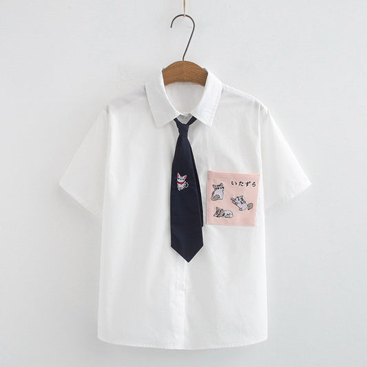 College Style T-Shirt Sweet Pocket Cat Embroidered Tie